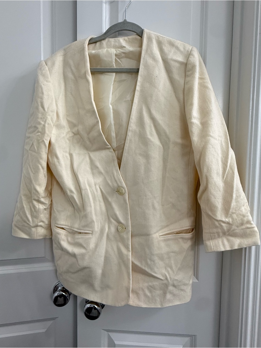 Vintage Collarless Cream Women's Blazer Jacket Classic Single-Breasted Style